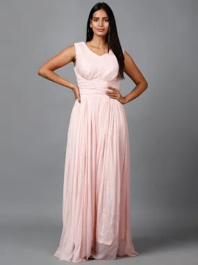 Women's Sleeveless V- Neck Draped Light Pink Chiffon Evening Maxi Gown
