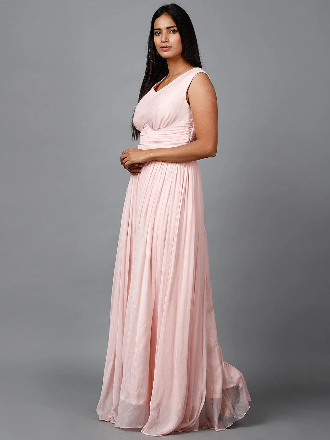 Women's Sleeveless V- Neck Draped Light Pink Chiffon Evening Maxi Gown