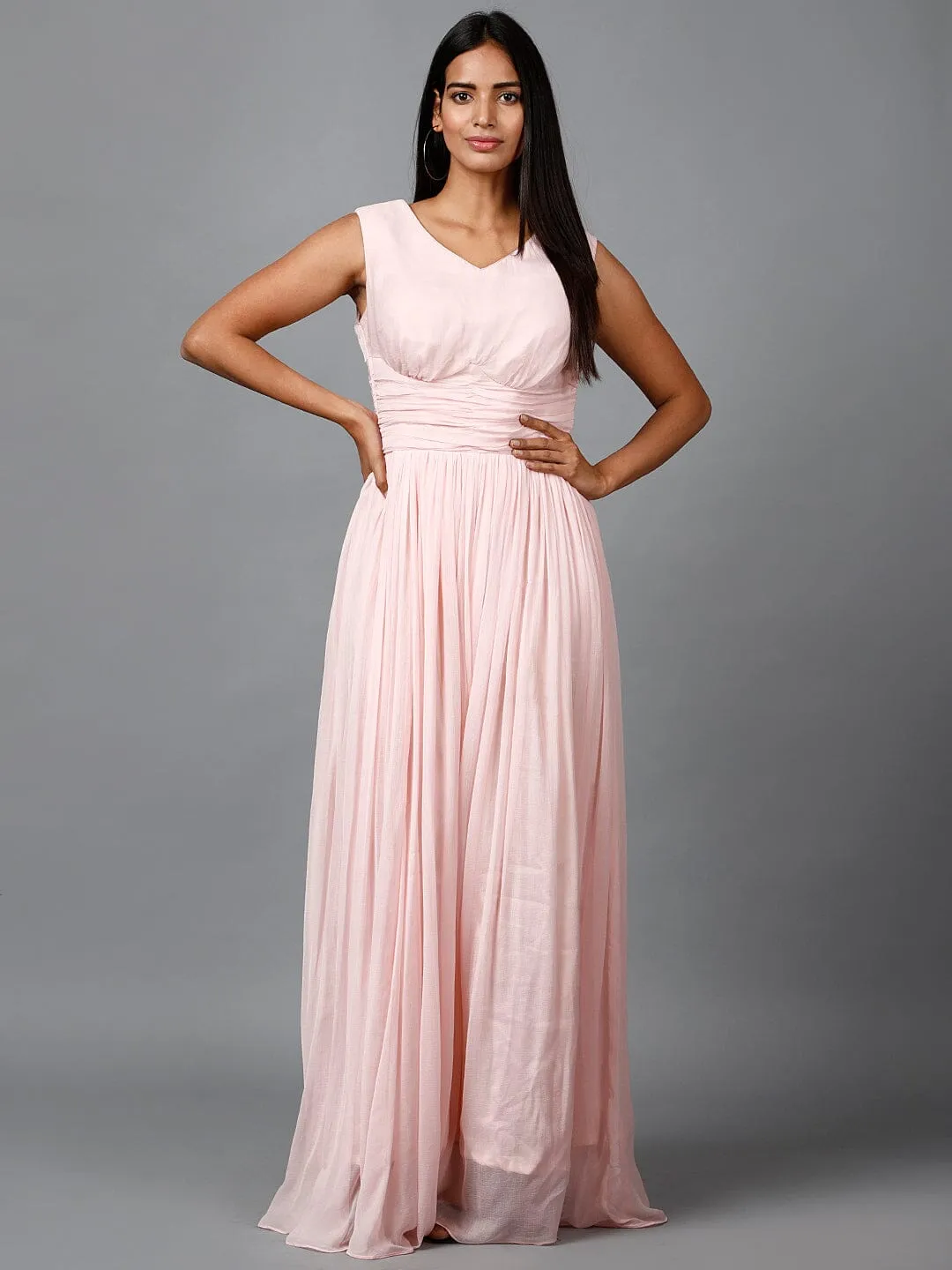 Women's Sleeveless V- Neck Draped Light Pink Chiffon Evening Maxi Gown