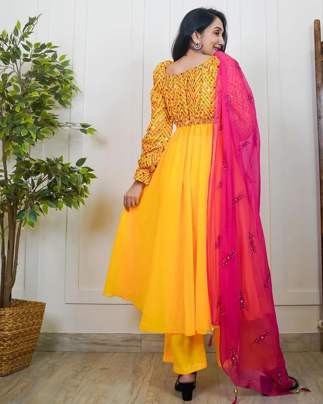 Yellow Anarkali Gown with Embroidery and Palazzo