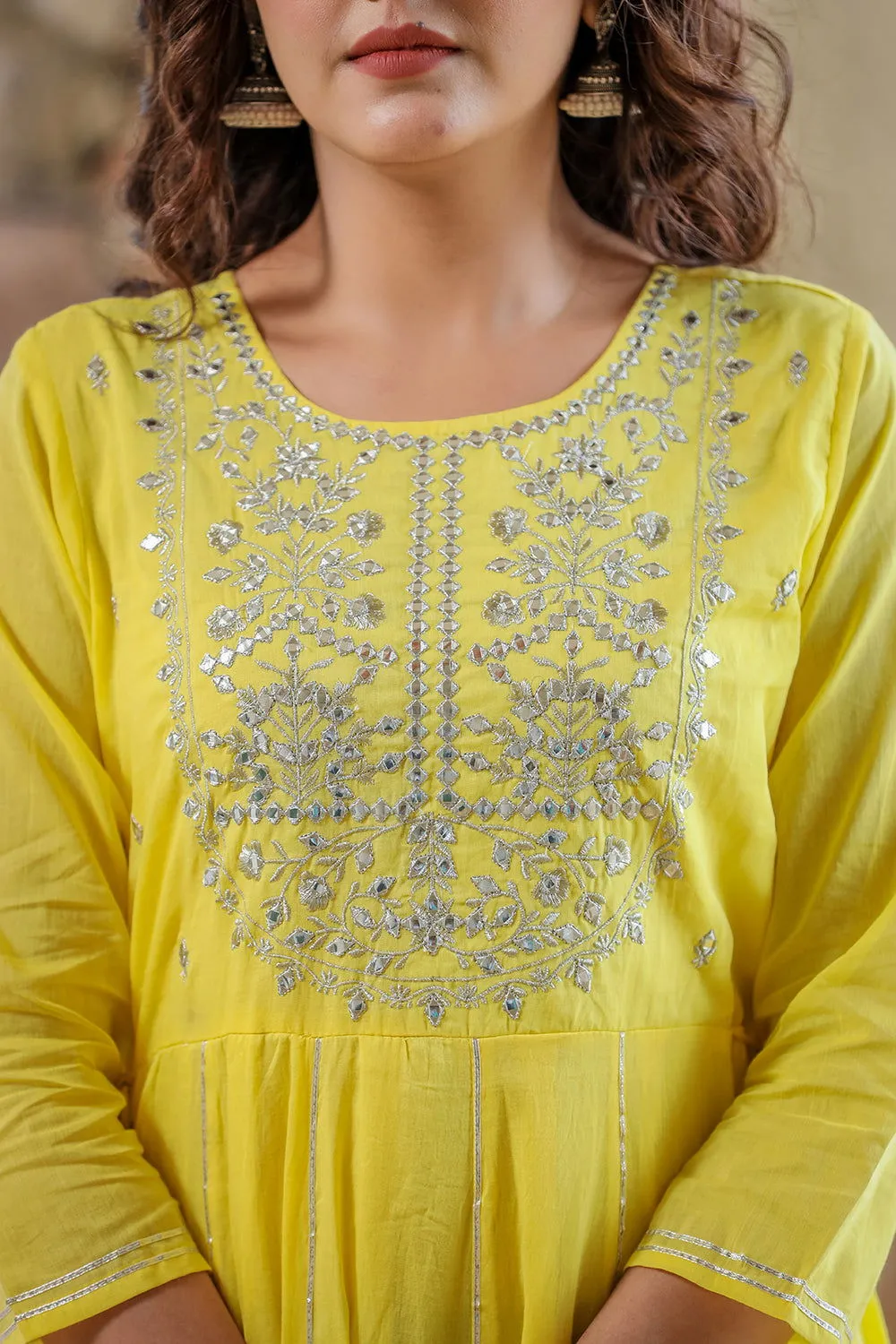 Yellow Mirror Embroidered Ethnic Gown (set of 1)