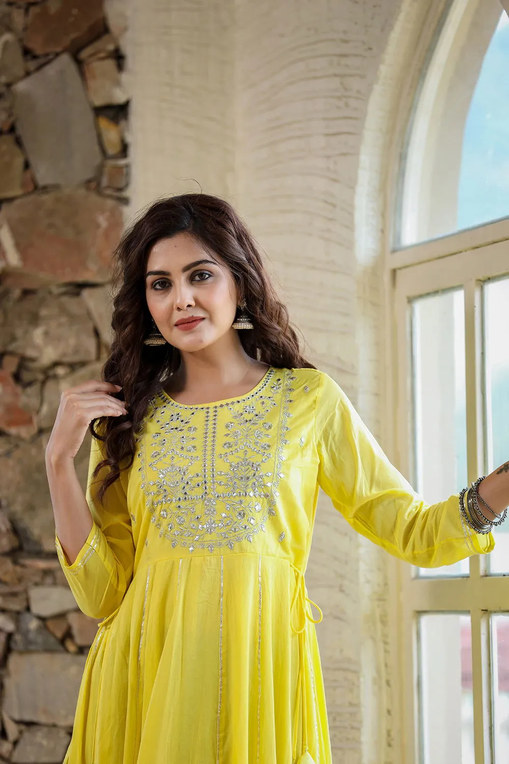 Yellow Mirror Embroidered Ethnic Gown (set of 1)
