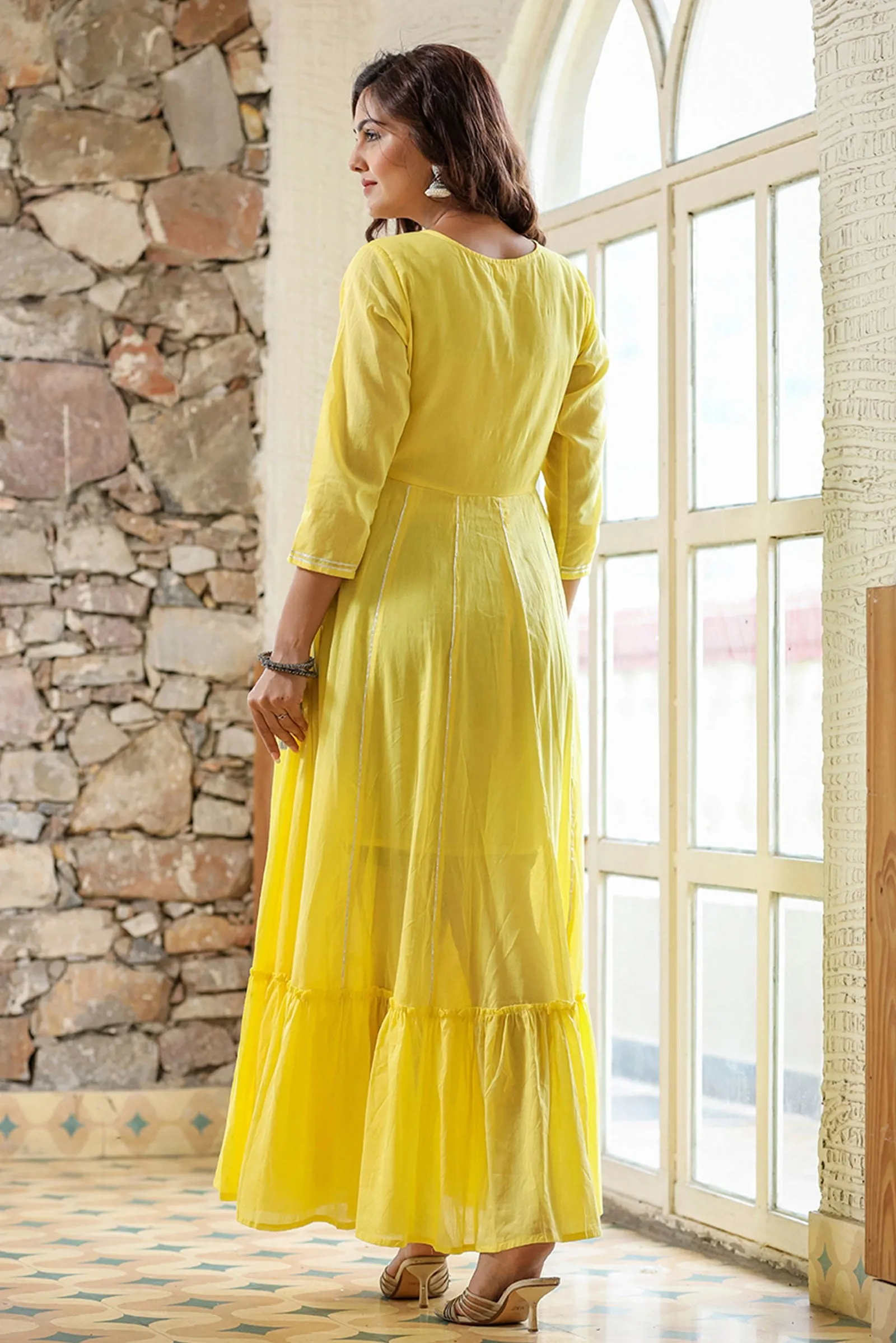 Yellow Mirror Embroidered Ethnic Gown (set of 1)