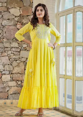 Yellow Mirror Embroidered Ethnic Gown (set of 1)