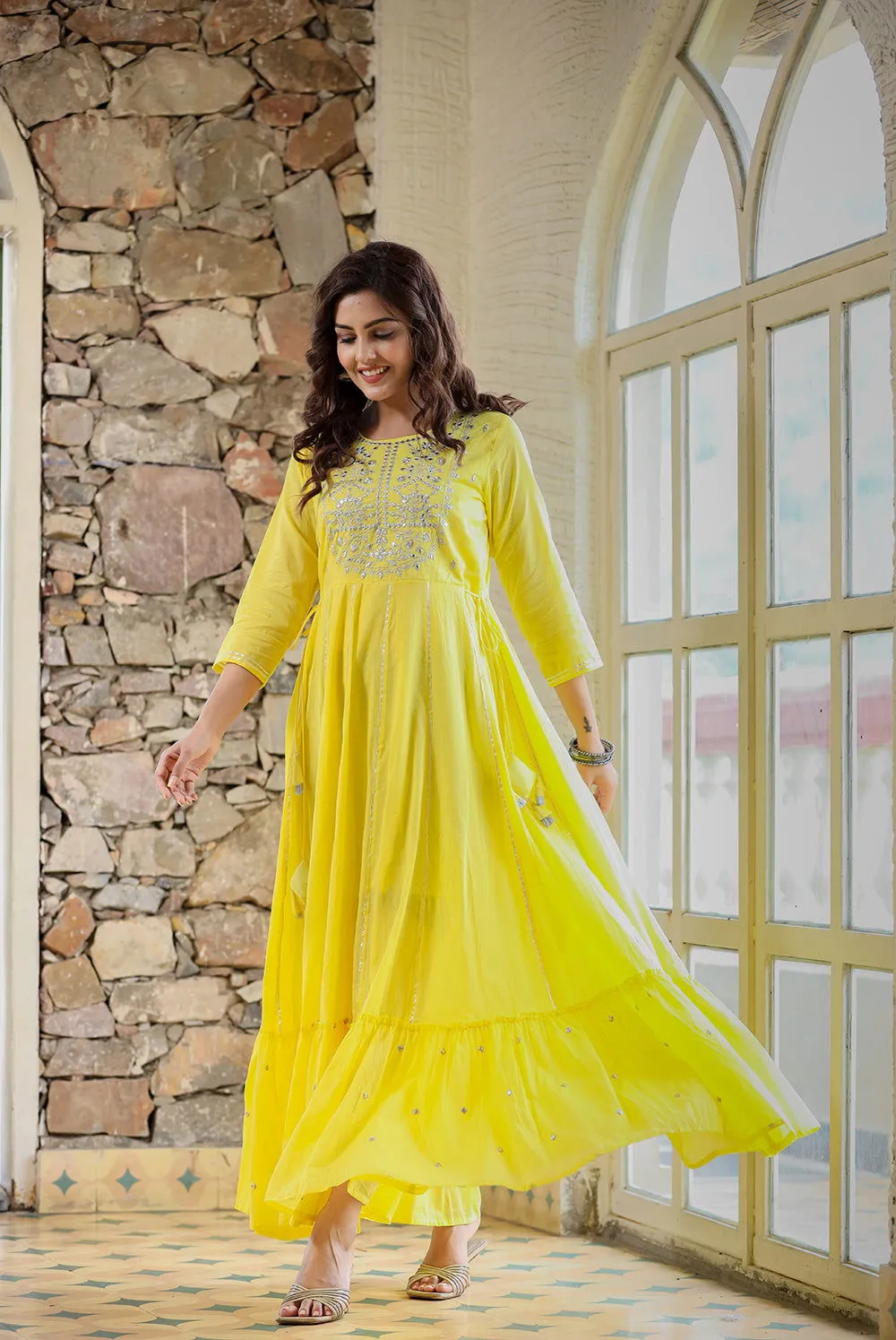 Yellow Mirror Embroidered Ethnic Gown (set of 1)