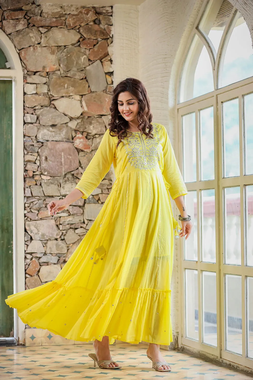 Yellow Mirror Embroidered Ethnic Gown (set of 1)